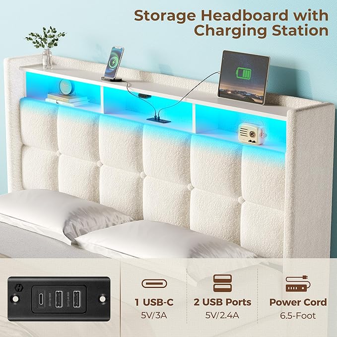 Rolanstar Bed Frame Queen Size with Lift Up Storage, Charging Station & LED Lights, Upholstered Storage Headboard, Heavy Duty Wooden Slats, No Box Spring Needed, Noise Free, Easy Assembly, Beige