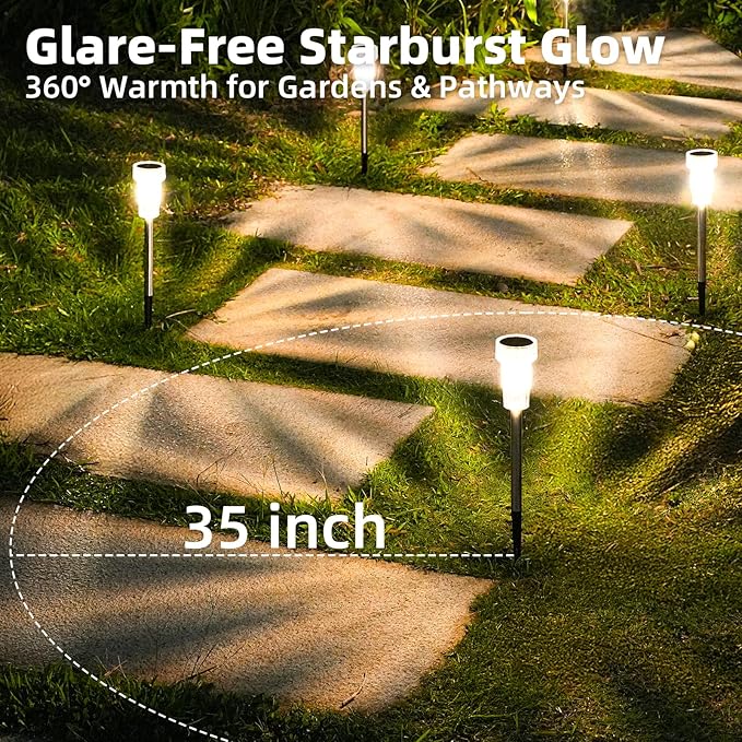 DERAYSION 12 Pack Solar Pathway Lights Outdoor, Auto Dusk-to-Dawn Landscape Garden Lighting, Waterproof Stainless Steel Pole Lighting for Path, Yard, Walkway, Garden, Driveway Decor - Warm White
