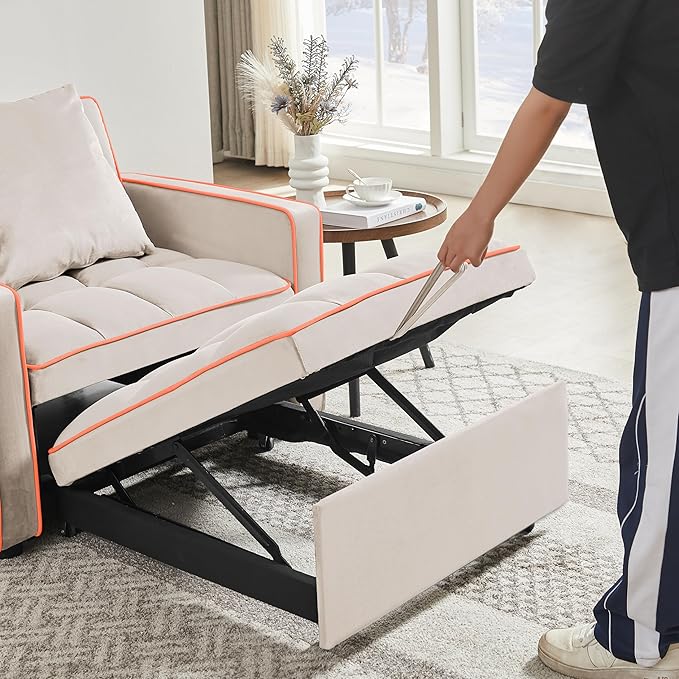 Sleeper Chair, Pull Out Chair Sleeper with Adjustable Back & Pocket, Convertible Chairs Bed Sleepers for Adults, 3 in 1 Sofa Bed Chairs for Small Spaces, Living Room, White