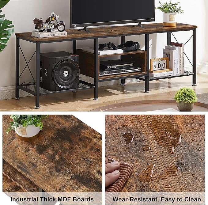 VECELO Industrial TV Stand for 70 Inch Television Cabinet 3-Tier Console with Open Storage Shelves, Entertainment Center Metal Frame for Living Room, Bedroom, 63 Inch, Dark Brown