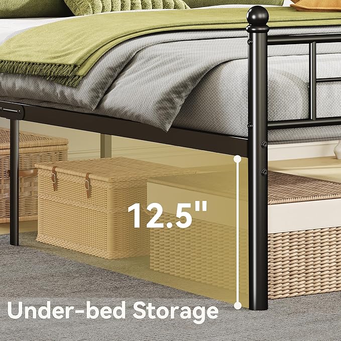 Queen Size Metal Platform Bed Frame with Vintage Headboard and Footboard, Sturdy Queen Bed Frame, 12.5 Inch Under Bed Space, No Box Spring Needed, Easy to Assemble, Noise Free, Black