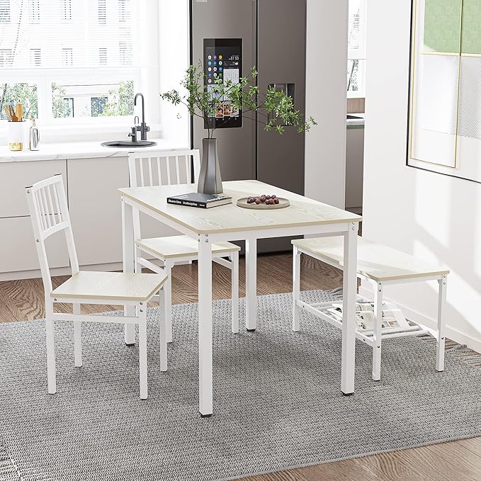 Teraves Dining Table Set/Computer Desk,Kitchen Table with 2 Chairs and a Bench,Table and Chairs 4 Piece Set for Dining Room (Beige, 110CM)