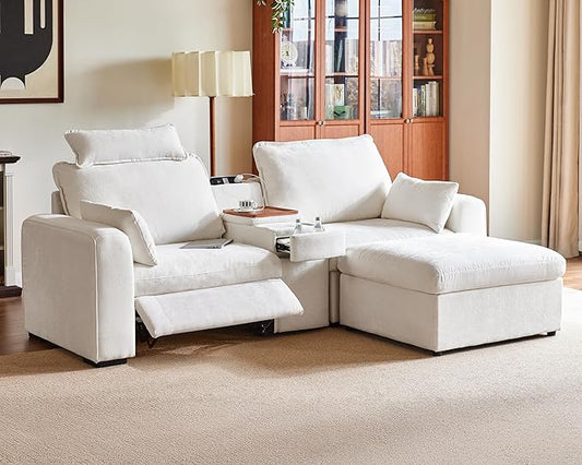 102.8'' Loveseat Power Recliner Sofa with Headrest, Oversized Cloud Modular Sectional Couch with Table, Drawer, Charging, 3-Seater with Storage Ottoman for RV Home Theater, Chenille, White