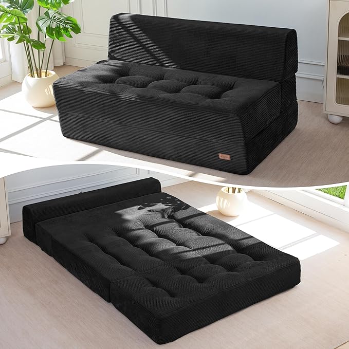 MAXYOYO 8" Folding Sofa Bed, Convertible Sleeper Sofa Lounger Foldable Mattress, Wedge Shape Floor Couch Tufted Fold Out Chair Bed Comfy Floor Couch Lounge for Living Room Bedroom, Loveseat, Black