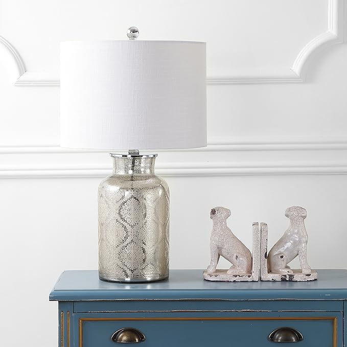 JONATHAN Y 24.5" Mercury Silver Trellis Glass Table Lamp for Living Room, White Linen Shade, Modern Bedside Nightstand Lamp for Bedroom, LED Bulb Included, UL Listed JYL1063A