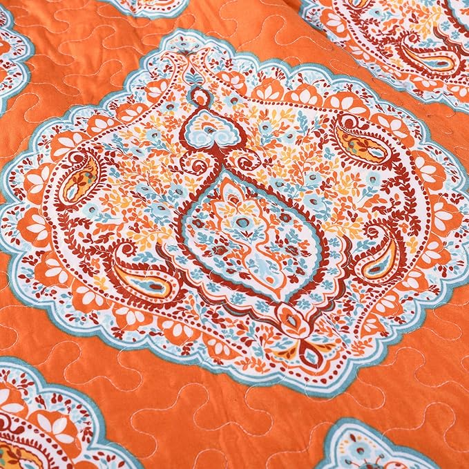 Lush Decor Harley Reversible Quilt Set, 5 Piece Set, King, Tangerine - Boho Bedding Set - Orange Quilt - Bold & Colorful Paisley Quilt - Maximalist & Boho Bedroom Decor