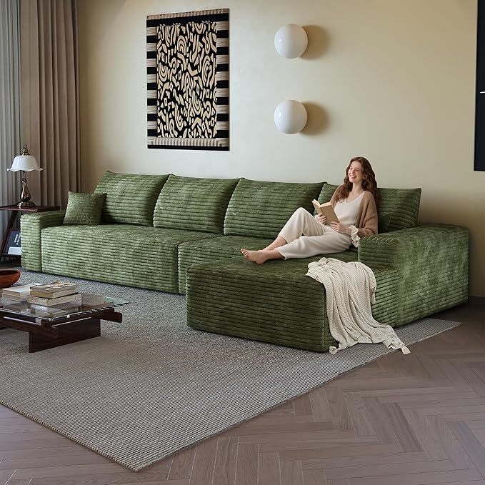 135" Corduroy Couch Sectional with Chaise, L Shape Boneless Cloud Couches for Living Room Bedroom, Fluffy Deep Seat Compression Sofa, Modular Corner Couch No Assembly, Right Facing Chaise, Green