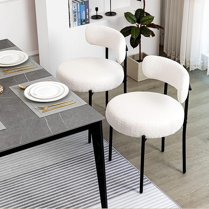 DYHOME White Boucle Dining Chairs Set of 4, Upholstered Kitchen Chairs with Thick Cushions and Metal Legs, Round Modern Dining Room Chairs