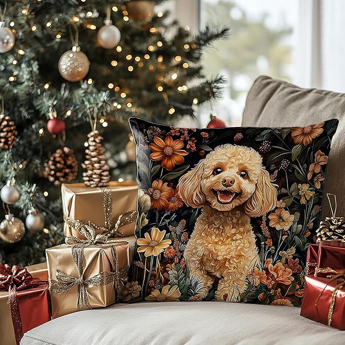 William Morris Inspired-Vintage Floral Poodle Pillow Covers 18x18,Poodle Gift for Women&Dog Lover Mom Gifts,Moody Dark Cottagecore Botanical Decorative Pillow Covers for Home Living Room Bedroom