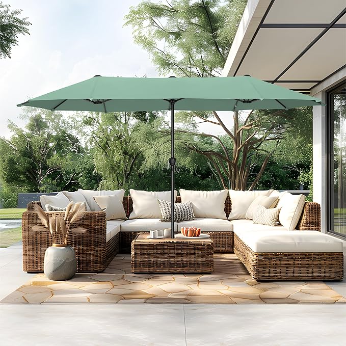 PHI VILLA 13ft Large Patio Umbrellas, Double-Sided Outdoor Market Rectangle Umbrella for Outside, Mint Green