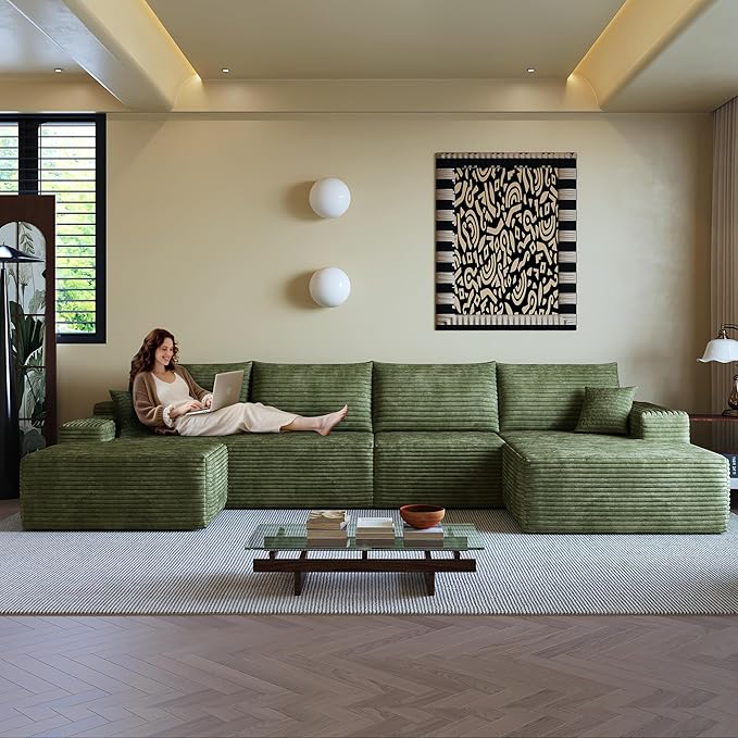 135" U Shaped Boneless Couch with Ottoman, Convertible Sleeper Compression Sofa, Corduroy Couch Sectional for Living Room Bedroom, Deep Seat Foam Cloud Sofas No Assembly, Right Facing Chaise, Green | Space-Smart Design