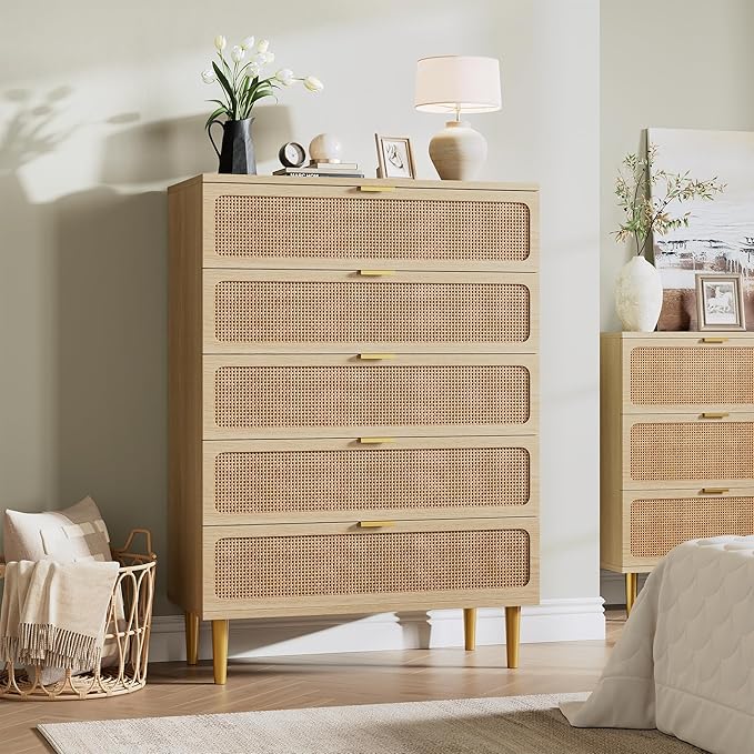 GarveeHome Rattan 5 Drawer Dressers for Bedroom, Tall Dresser with Deep Drawers, Large Chest of Drawers for Closet with Wide Top, Long Wooden Dresser for Living Room, Hallway, Kids Room, Natural