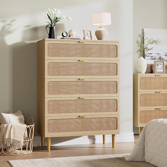GarveeHome Rattan 5 Drawer Dressers for Bedroom, Tall Dresser with Deep Drawers, Large Chest of Drawers for Closet with Wide Top, Long Wooden Dresser for Living Room, Hallway, Kids Room, Natural