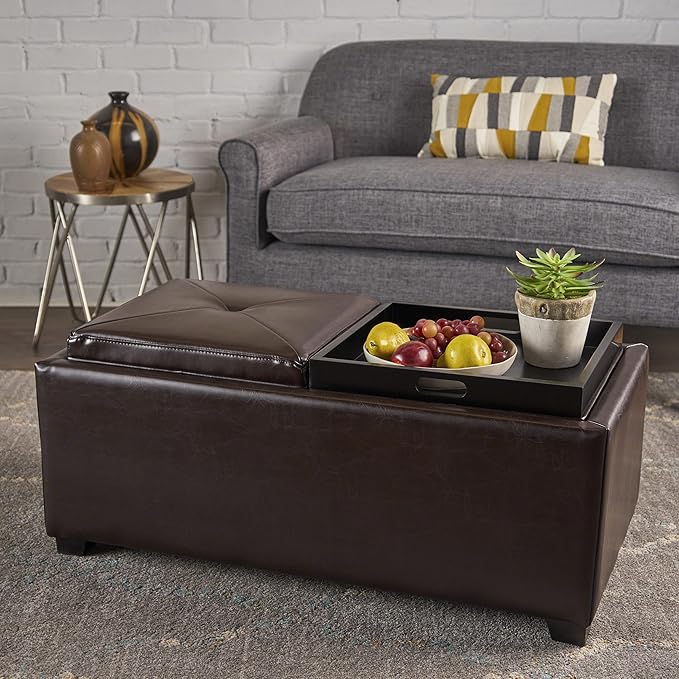 Christopher Knight Home Maxwell Bonded Leather Double Tray Ottoman, Brown , 38 x 19x 17inches