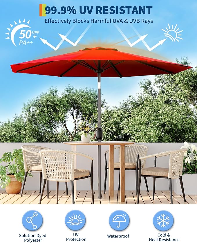 GarveeLife 9 ft Patio Umbrella, Outdoor Table Market Umbrella with Push Button Tilt and Crank, 8 Sturdy Ribs UV Protection Waterproof for Garden, Deck, Backyard, Pool (Red)