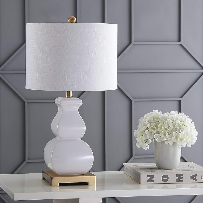 JONATHAN Y 25.5" White/Gold Ceramic Table Lamp for Living Room Bedroom, White Linen Shade, Modern Footed Vase Bedside Lamp, LED Bulb Included, UL Listed (JYL3049B)