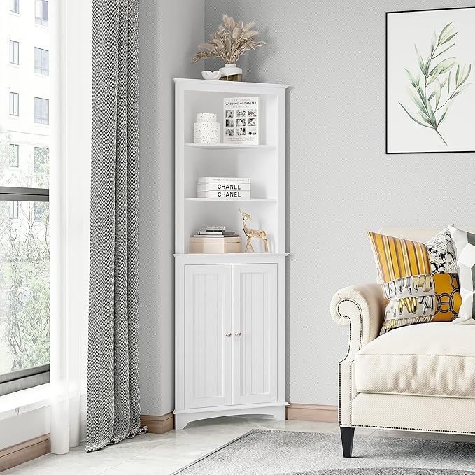 Spirich Tall Corner Cabinet with Doors and Shelves, Freestanding Corner Storage Cabinet for Bathroom, Kitchen, Living Room, White