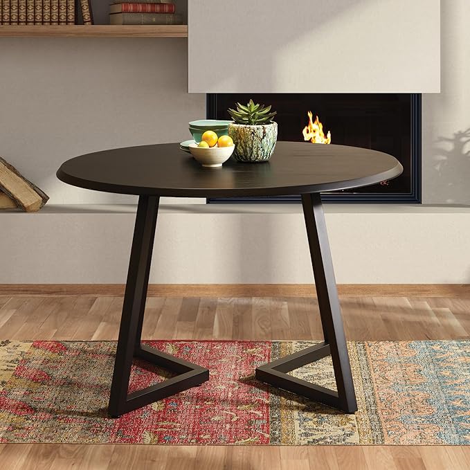 OSP Home Furnishings Metro Mid-Century Modern Round Dining Table with Black Metal Base, 45-inches, Black Veneer Top