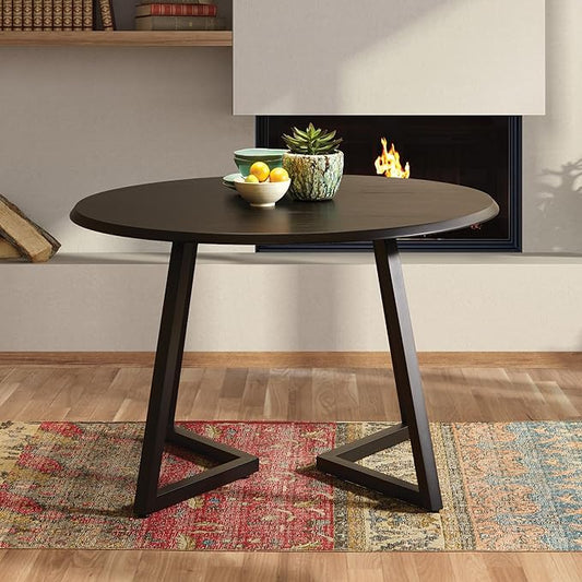 OSP Home Furnishings Metro Mid-Century Modern Round Dining Table with Black Metal Base, 45-inches, Black Veneer Top