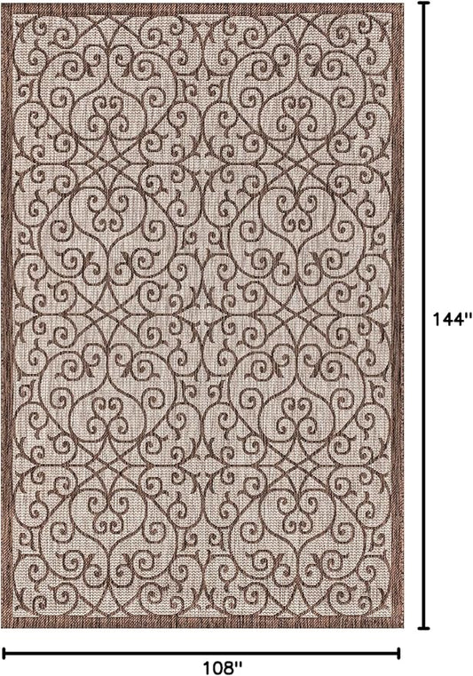 JONATHAN Y Vintage Filigree Indoor Outdoor Area Rug 9X12 Taupe/Espresso, Madrid Textured Weave for Backyard, Patio, Porch, Easy-Cleaning, High Traffic, Pet-Friendly, Non-Shedding (SMB107C-9)