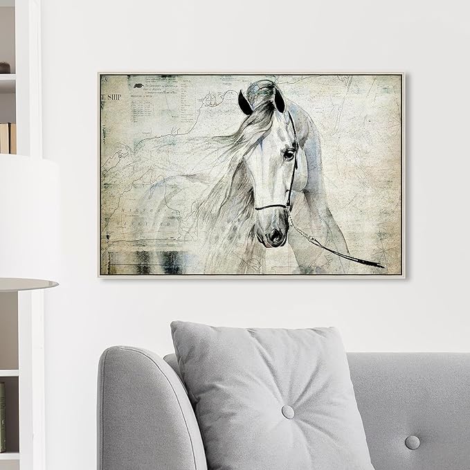 Country Farmhouse Canvas Print Painting Animal Wall Art 'Southern White Horse' Champagne Framed Canvas Rustic Home Décor 30x20 in Gray, Brown by Oliver Gal
