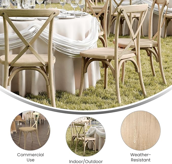 Flash Furniture Hercules Commercial Indoor/Outdoor Cross Back Chair, Wood Look, Weather-Resistant, Lightweight Design, Versatile Use, Light Oak