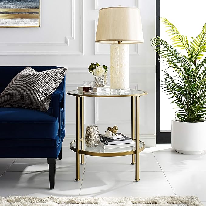 Crosley Furniture Aimee Small Side End Table with Storage Shelf for Living Room, Gold and Glass