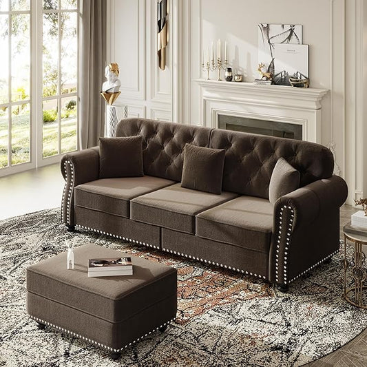 KEIKI 83" Velvet Chesterfield Sofa with Rolled Arms & Nailhead Trim & 1 Ottoman, Modern 3-Seater Button Tufted Couch with High Resilience Cushion & 3 Pillow, Easy Assembly, for Living Room, Brown