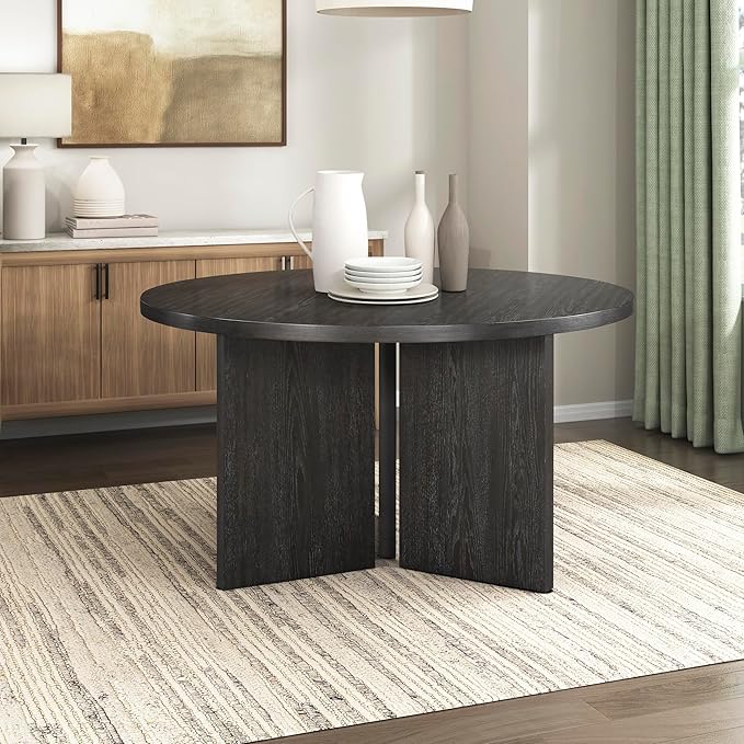 Lexicon 54 Dia. Dining Table for 4 People, Round with Textured Wood Grain Surface, Modern Ebony Finish Oak Veneer Small Kitchen Table for Dining Room, Kitchen, Ebony