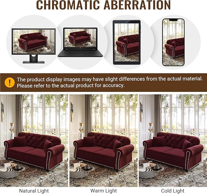 KEIKI 2-Piece Chesterfield Sofa Set with 1 Velvet 3-Seater Sofa & 1 Single Sofa, Upholstered 4-Seater Couch Set with Nailhead Trim & Rolled Arms & 1 Ottoman & 4 Pillow, for Living Room, Burgundy
