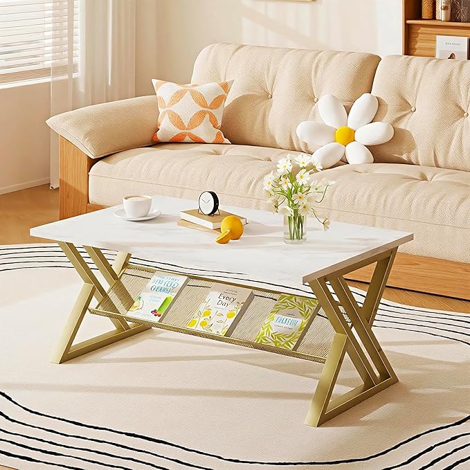Coffee Table Living Room Table with Storage Shelf, White Table Simple Modern Faux Marble Rectangular Tables with Sturdy Gold Metal Frame,Industrial Wooden Coffee Table for Bedroom Home Office