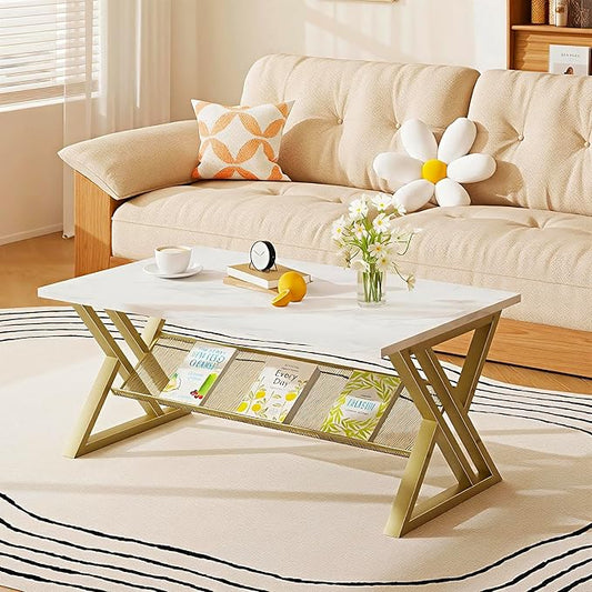 Coffee Table Living Room Table with Storage Shelf, White Table Simple Modern Faux Marble Rectangular Tables with Sturdy Gold Metal Frame,Industrial Wooden Coffee Table for Bedroom Home Office