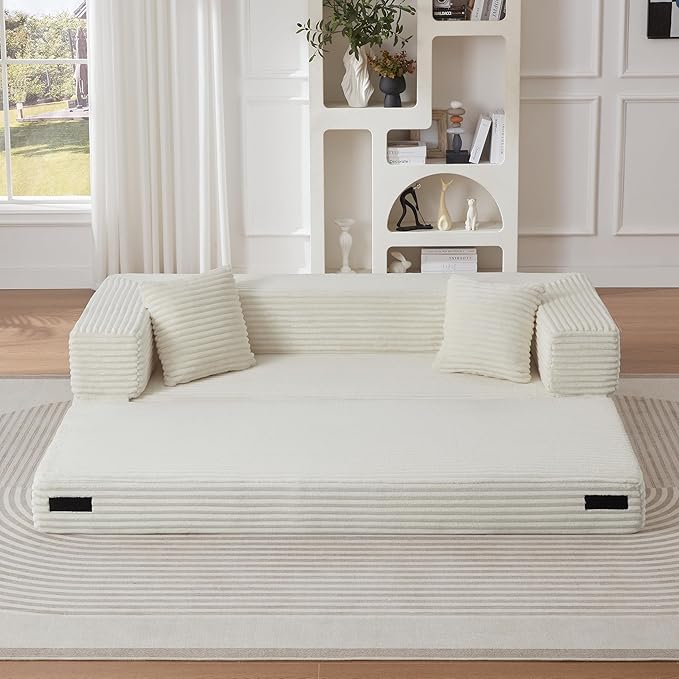 Ball & Cast Modern Upholstered Sofa with 2 Pillows,Boneless Corduroy Couch W/Deep Seat,Convertible Folding Sleeper Sofa Bed for Living Room,Bedroom,Apartment,No Assembly,White,78"