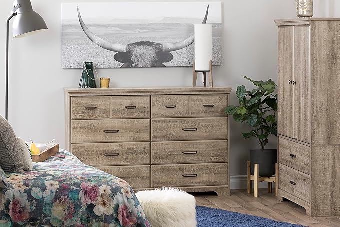 South Shore Versa Collection 8-Drawer Double Dresser, Weathered Oak with Antique Handles