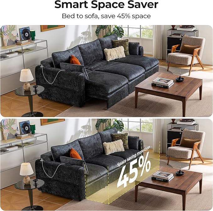 103" Electric Pull Out Sleeper Sofa Bed, 2in1 Convertible Power Extendable Couch Bed with Fast Charging USB&3 Smart Motor&Wide Back, Oversized Couches for Living Room&Small Space, Velvet Dark Grey | Electric Extendable, Stepless Adjustment, Fast-Chargi...