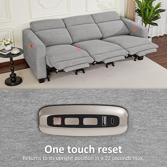 MCombo 88.6'' Reclining Sofa, Wall Hugger Power Recliner Sofa with Adjustable Headrest, USB A & C Charge Ports, Wood Legs, for Living Room (Fabric, HL198M3) (Grey, 3-Seater)