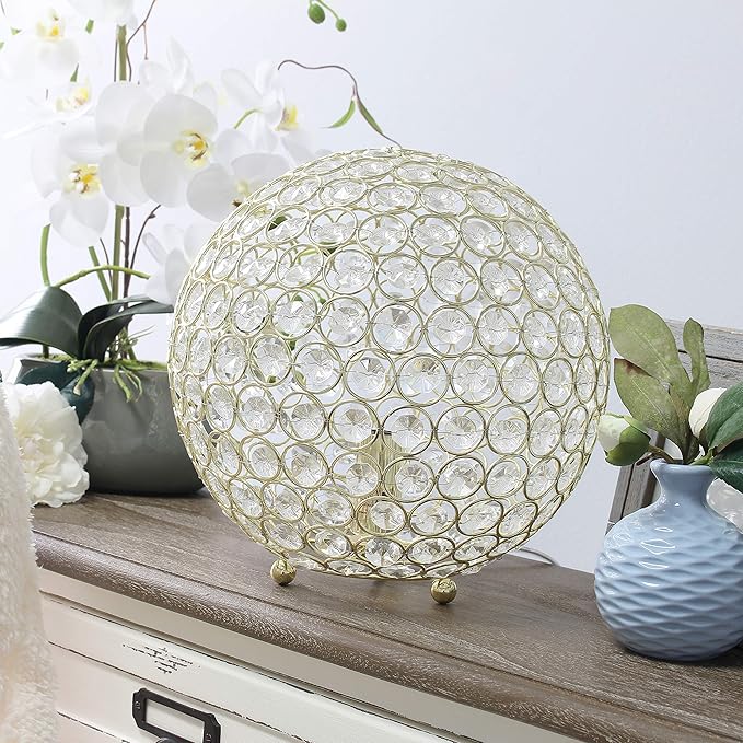 Elegant Designs LT1067-GLD 10" Elipse Crystal Collection Metal Crystal Ball Sequin Table Desk Lamp for Accent Lighting, Décor, Living Room, Gold