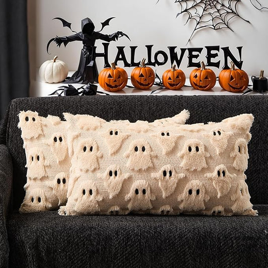 DFXSZ Halloween Pillow Covers 12x20 inch Set of 2 Beige Ghost Throw Pillow Cases Soft Plush Faux Fur Wool Couch Cushion Case for Chair Sofa Bedroom Living Room Home Decor PTK03D12