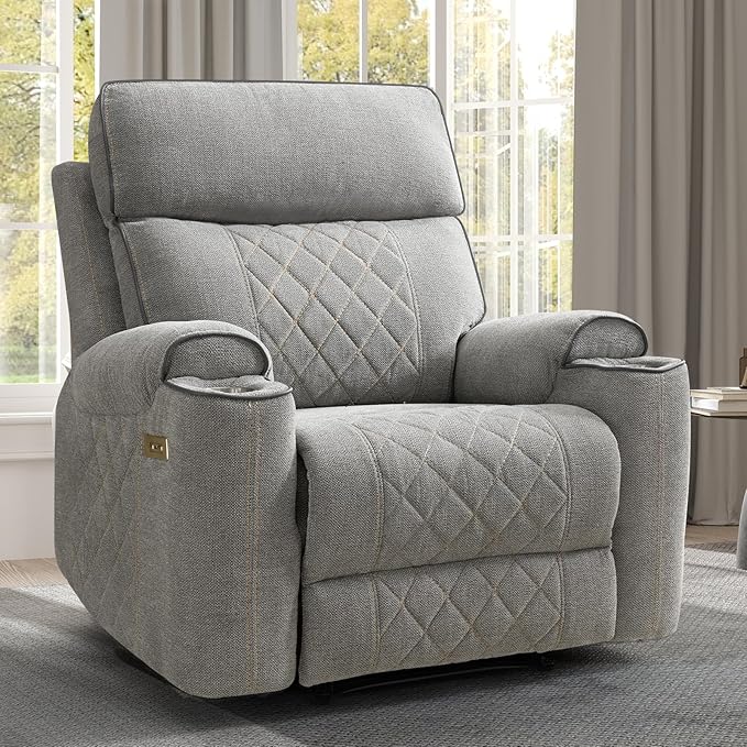 EBELLO Power Recliner Chair, Electric Fabric Reclining Sofa with Cup Holders, USB Charging Ports, for Living Room, Bedroom and Meeting Room, Light Grey