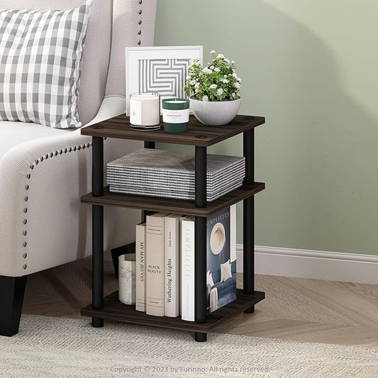 Furinno Turn-N-Tube Side Table, 3-Tier Square Modern End Table with Open Shelf, Night Stand, Bedside Table, Easy Assembly, for Living Room, Bedroom, Brown Walnut