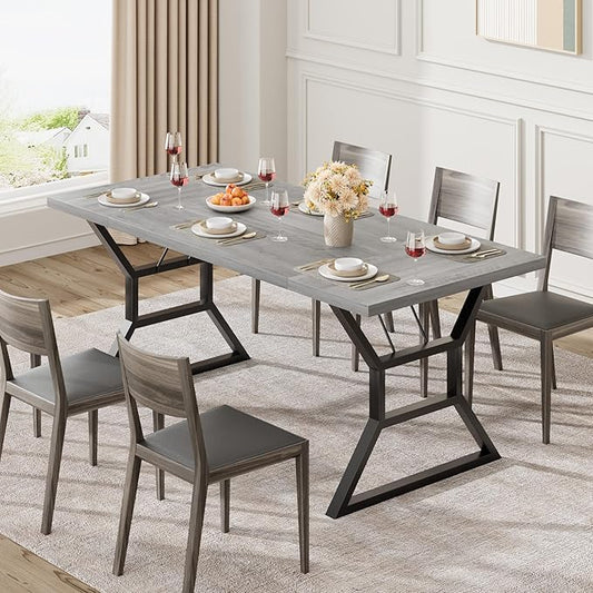 GarveeHome 70.9 in Large Dining Room Table for 6, Rectangular Kitchen Table with Heavy Duty Metal Legs, Farmhouse Wooden Dining Table for Big Family (Grey)