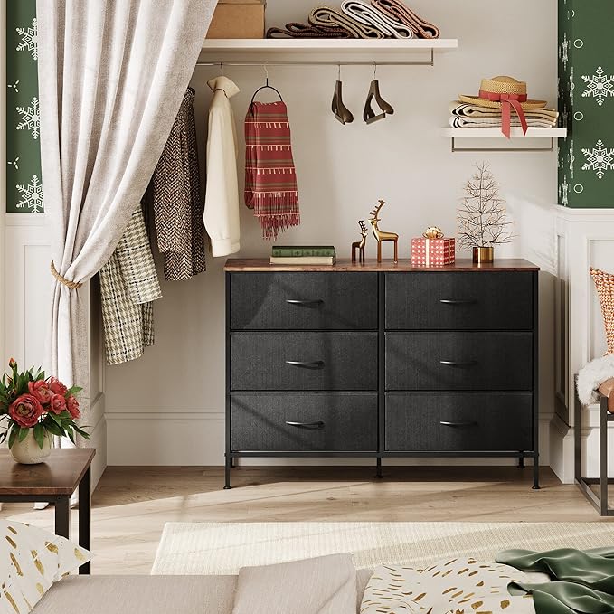 WLIVE Black Dresser for Bedroom with 6 Drawers, TV Stand for 50 Inches TV, Wide Dresser with Metal Frame, Wooden Top, Fabric Dresser for Closet, Hallway, Entryway, Black and Rustic Brown