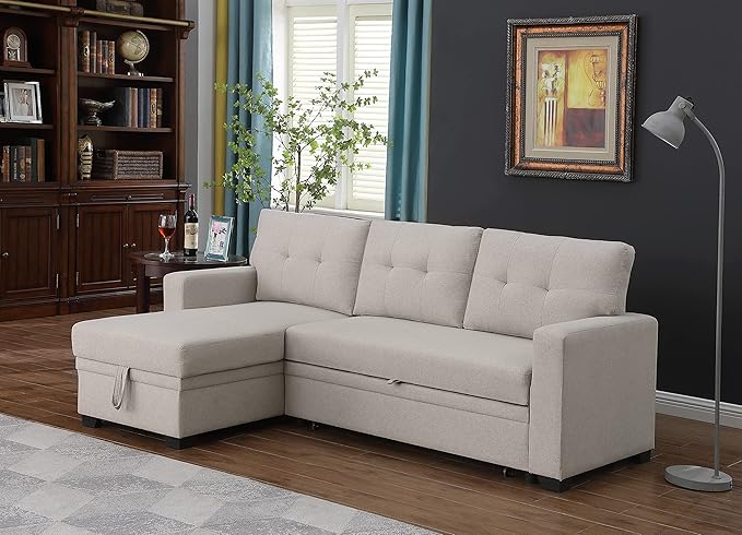 ACQCA 82" L-Shape Sleeper Sectional Sofa with Storage Chaise and Pull-Out Bed,Convertible Sofa Bed Sectional Couch for Living Room,Apartment,Office,Beige