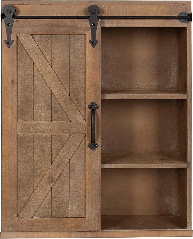 Kate and Laurel Cates Wood Wall Storage Cabinet with Sliding Barn Door; 22 x 9 x 28; Rustic Brown; Decorative Farmhouse Over the Toilet Cabinet with Three Shelves for Bathroom or Kitchen Storage