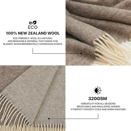 | Wool Blanket/Throw | 100% New Zealand Wool | Perfect for Home and Outdoors | Virgin Wool Throw with Fringes 67"x79" (170 x 200 cm)