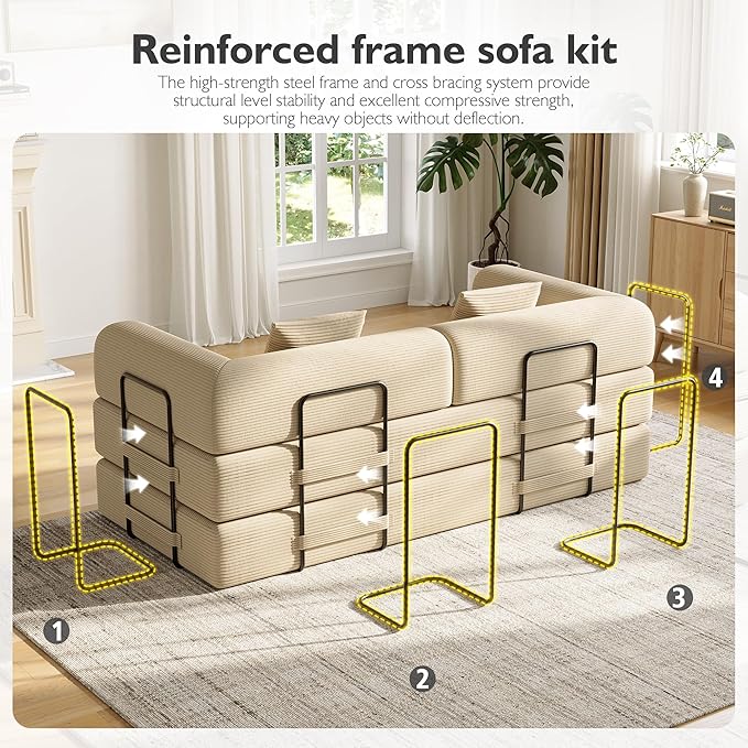 79in Convertible Sofa Bed, Corduroy Boneless Couch Bed, Futon Sleeper Sofa Pull Out Bed, Foldable Couch for Living Room Apartment, No Assembly Required