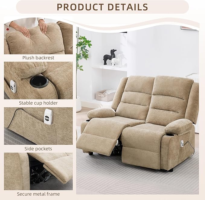52Inch Power Loveseat Recliner,Electric Reclining Loveseat Sofa,Adjustable Love seat Recliner Sofa for Living Room,Bedroom with Charging Ports (Brown)