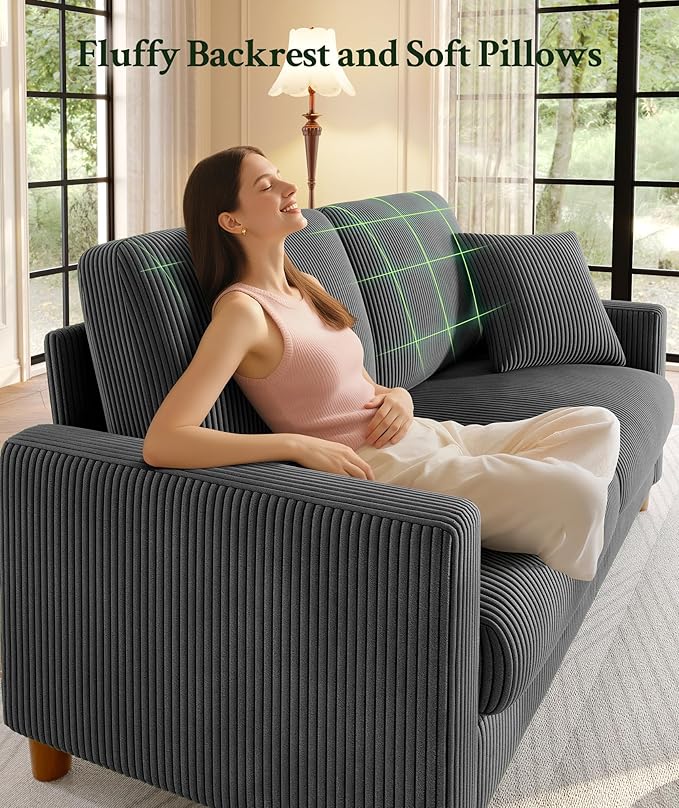 Welzona 70.2" Couches for Living Room, Comfy Sofa Set Tool-Free Setup, Corduroy Couch Set 7.1" Thicker Cushion, Accent Chair with Ottoman 848lbs Support, Sofas for Living Room Home Office, Grey