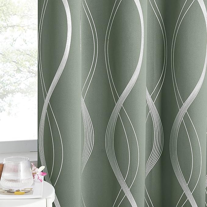 NICETOWN Greyish Green Curtain Panels for Vintage Bedroom, 52 x 84 inch, Thermal Insulated Wave Line Foil Print Design Drapes for Patio Sliding Glass Door Spring Home Decor, 2 Panels