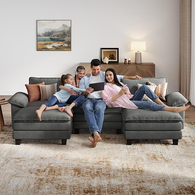 LINSY HOME 123'' Modular Sectional Sofa Green Couch Corduroy Cloud Couches for Living Room, U Shaped Couch with Movable Ottoman, Modern Cloud Sectional Sofas for Bedroom and Apartment, Grey